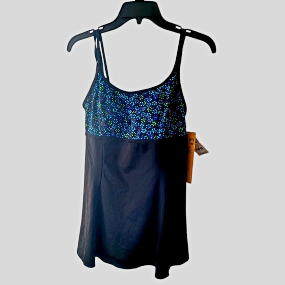 Robby Len Black and Blue Longitude Swim Dress Floral New with Tags Size 10 Vtg